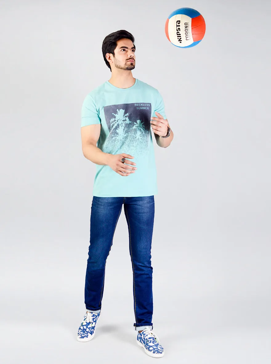 Light Turquoise Blue Printed Slim Fit T-shirt | JadeBlue