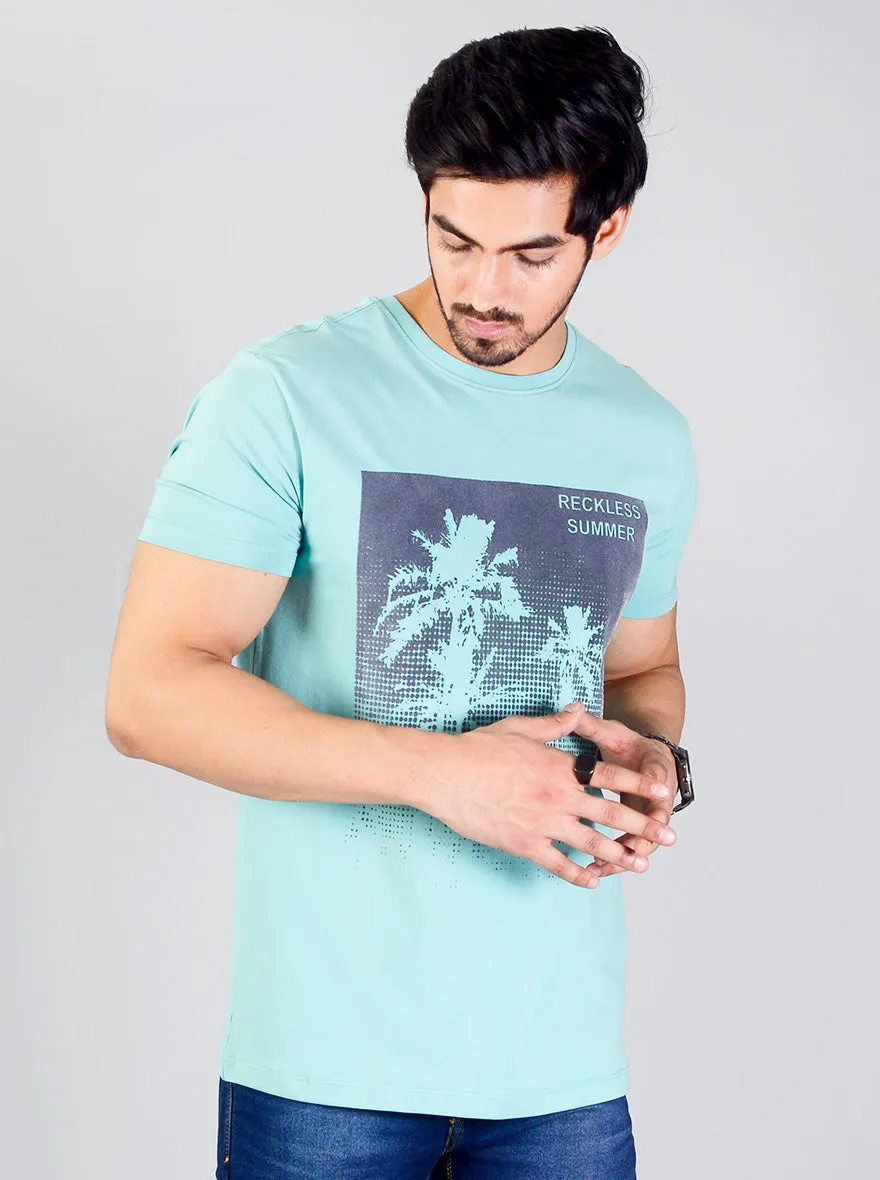 Light Turquoise Blue Printed Slim Fit T-shirt | JadeBlue