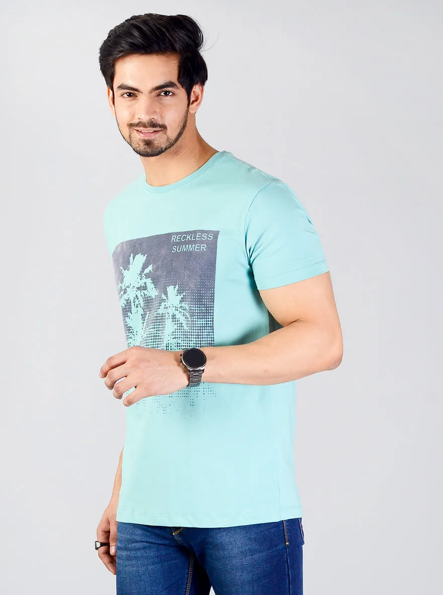 Light Turquoise Blue Printed Slim Fit T-shirt | JadeBlue