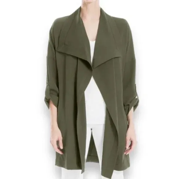 Max Studio Women’s Size Small Army Green Open Front Casual Draped Twill Coat New