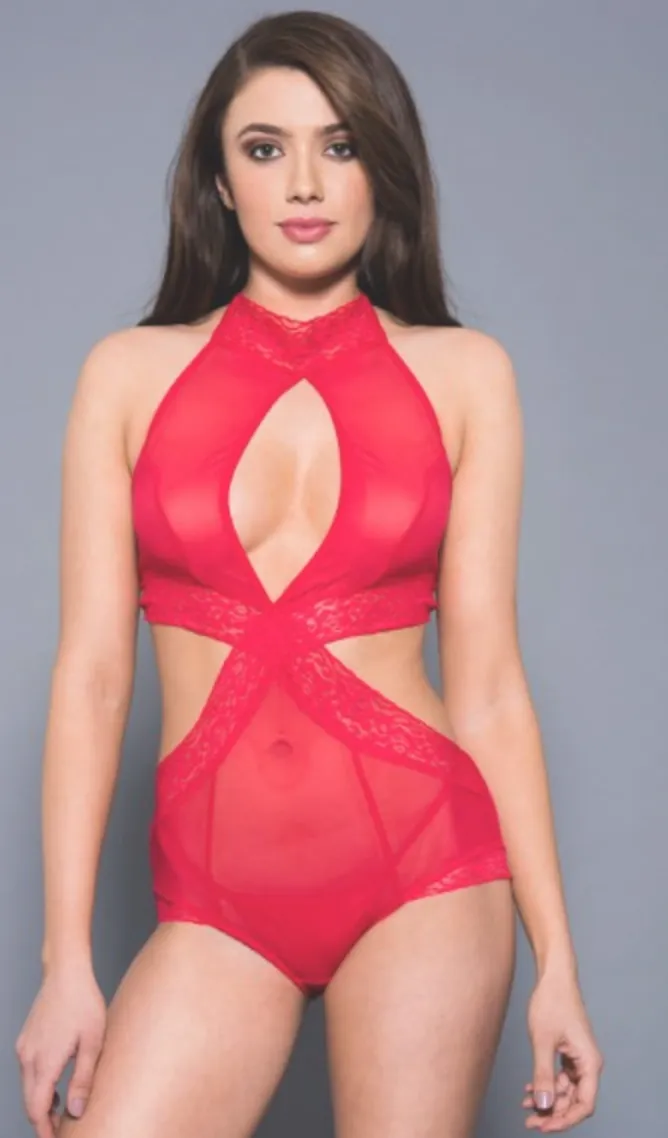 Music Legs Mesh Keyhole Halter Teddy Bodysuit Red 80065