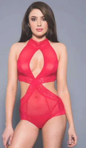 Music Legs Mesh Keyhole Halter Teddy Bodysuit Red 80065