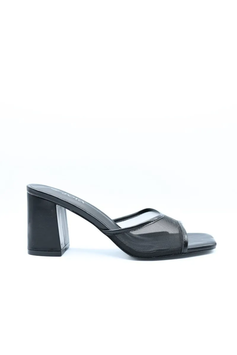 Open Toe Mesh Slip On Block Heels