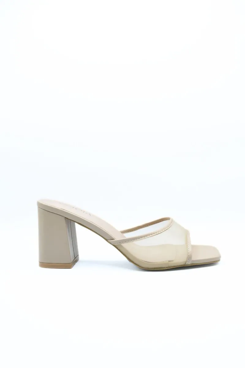 Open Toe Mesh Slip On Block Heels