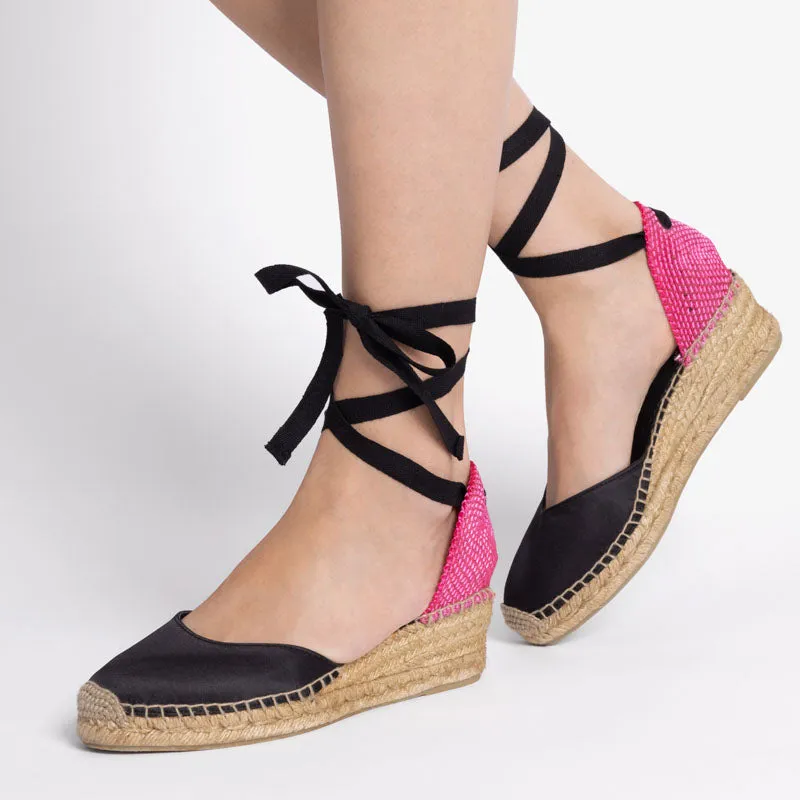PENELOPE CHILVERS Senorita Satin Espadrille in Black/Neon Pink