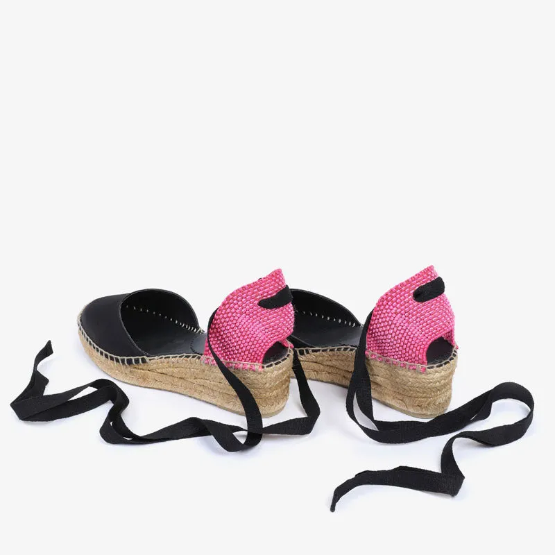 PENELOPE CHILVERS Senorita Satin Espadrille in Black/Neon Pink
