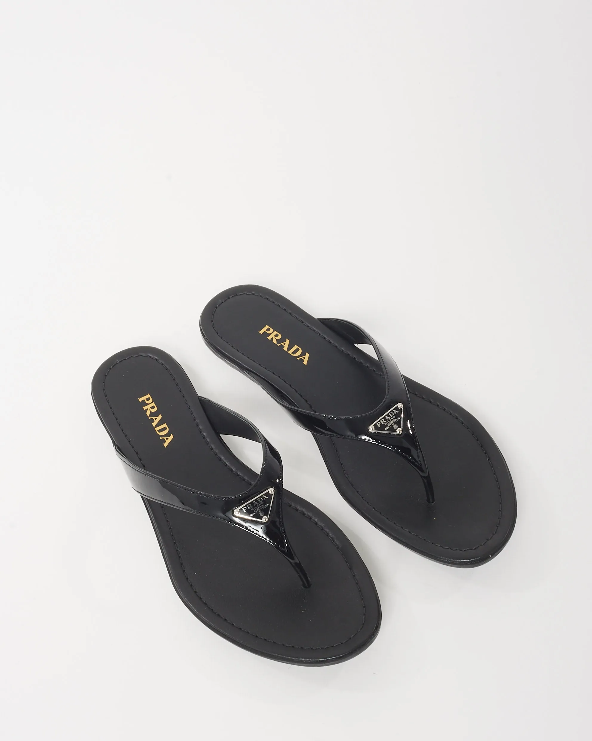 Prada Black Patent Leather Logo Flip Flop Sandals - 41