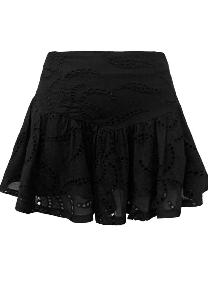 Romantic High-Waisted Lace Eyelet Ruffled Mini Skirt