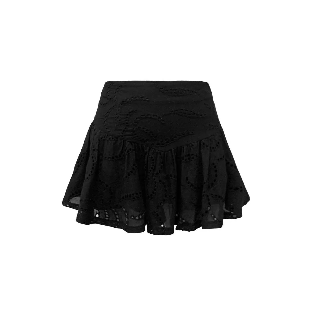 Romantic High-Waisted Lace Eyelet Ruffled Mini Skirt