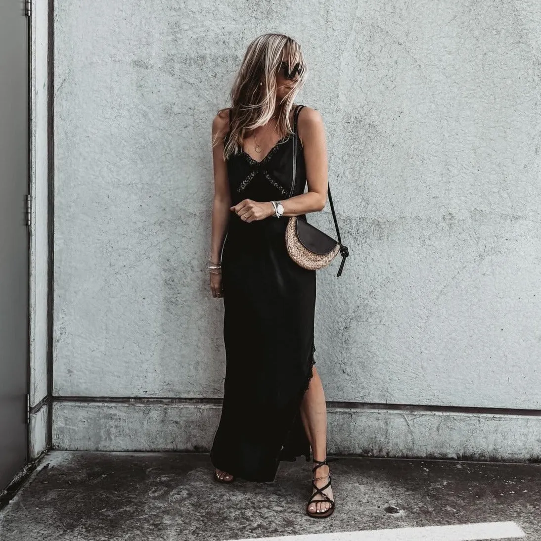 Sienna Lace Satin Slip dress BLACK