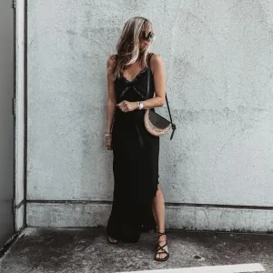 Sienna Lace Satin Slip dress BLACK