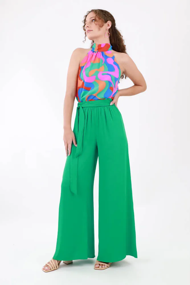 Silk Tie Waist Pants -Green