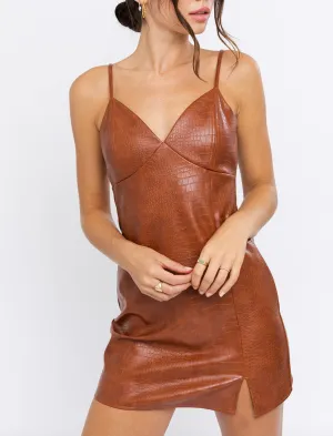 Sleeveless Stamped Croc Eco Leather Slit Mini Dress