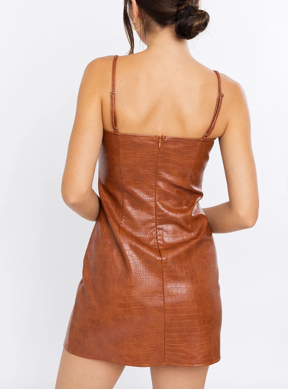 Sleeveless Stamped Croc Eco Leather Slit Mini Dress