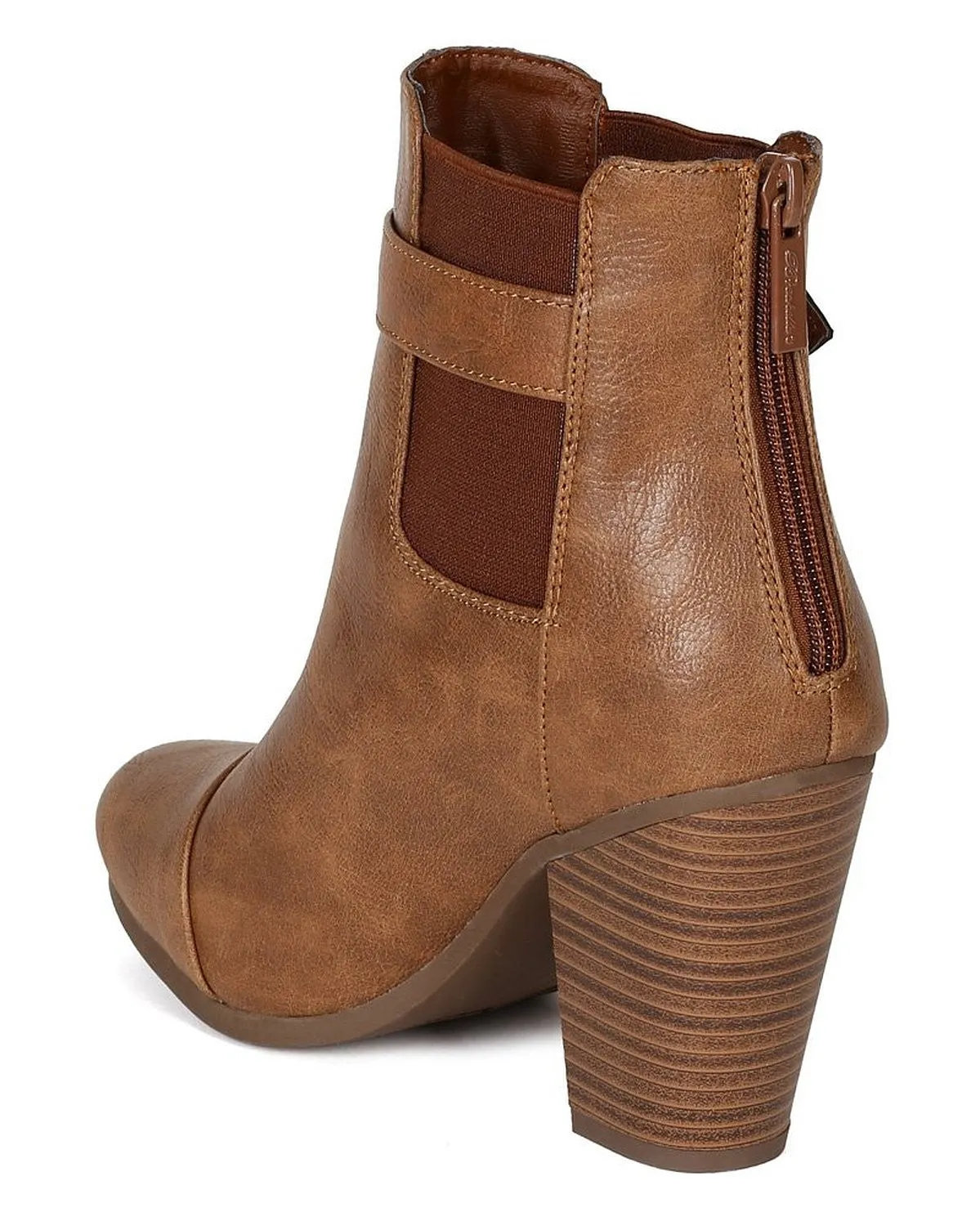 Tan Round toe Faux Leather Ankle Stacked Chunky Heel Vegan Bootie