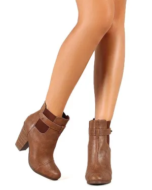 Tan Round toe Faux Leather Ankle Stacked Chunky Heel Vegan Bootie