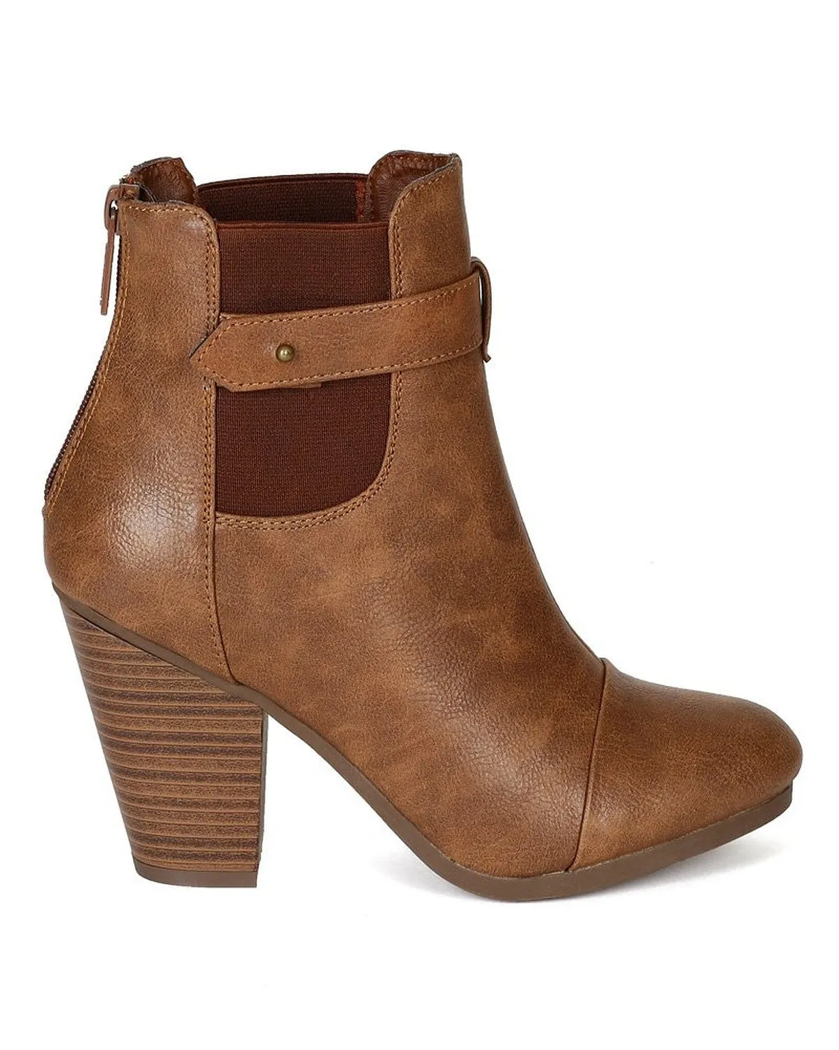 Tan Round toe Faux Leather Ankle Stacked Chunky Heel Vegan Bootie