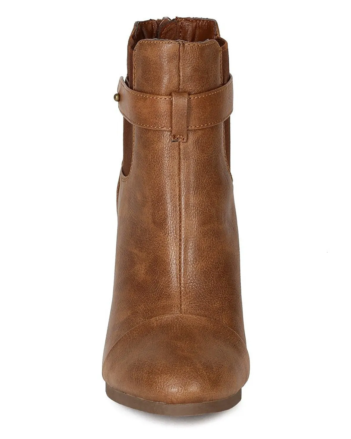 Tan Round toe Faux Leather Ankle Stacked Chunky Heel Vegan Bootie