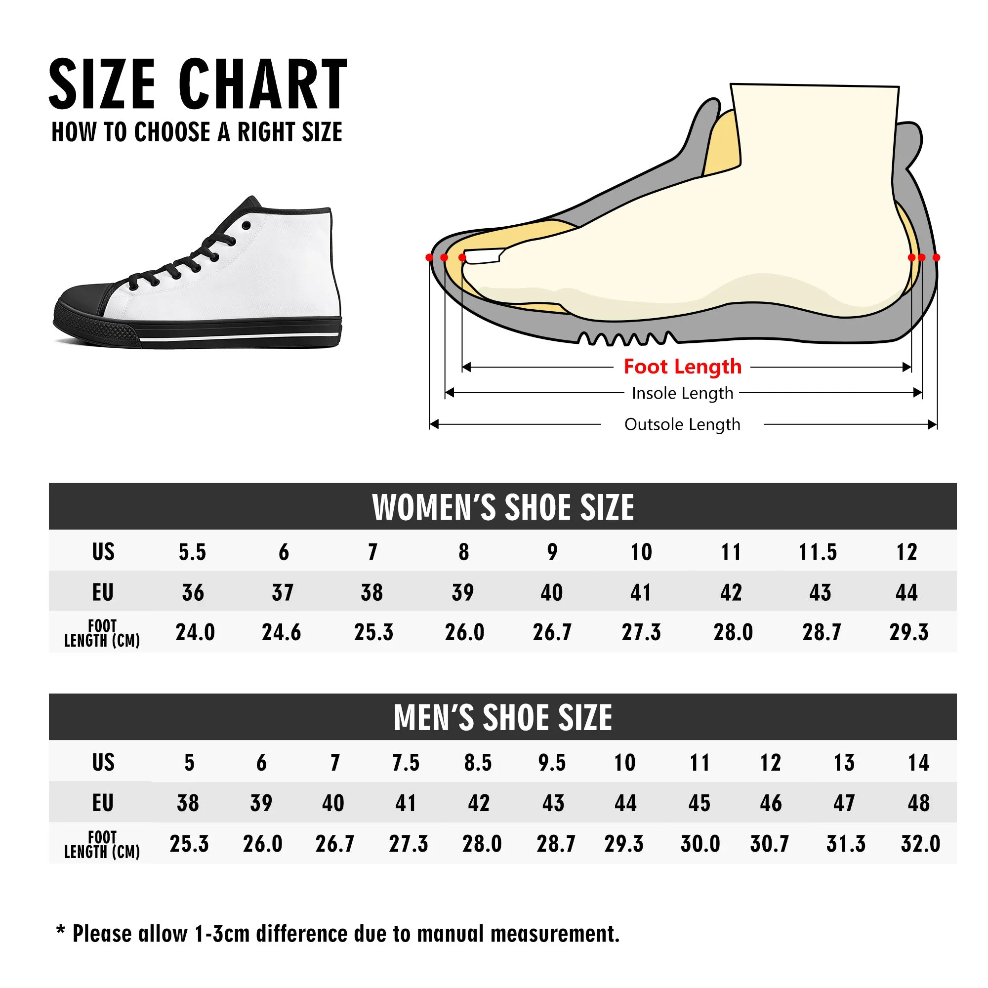 Unisex Black and White High Top Canvas Shoes