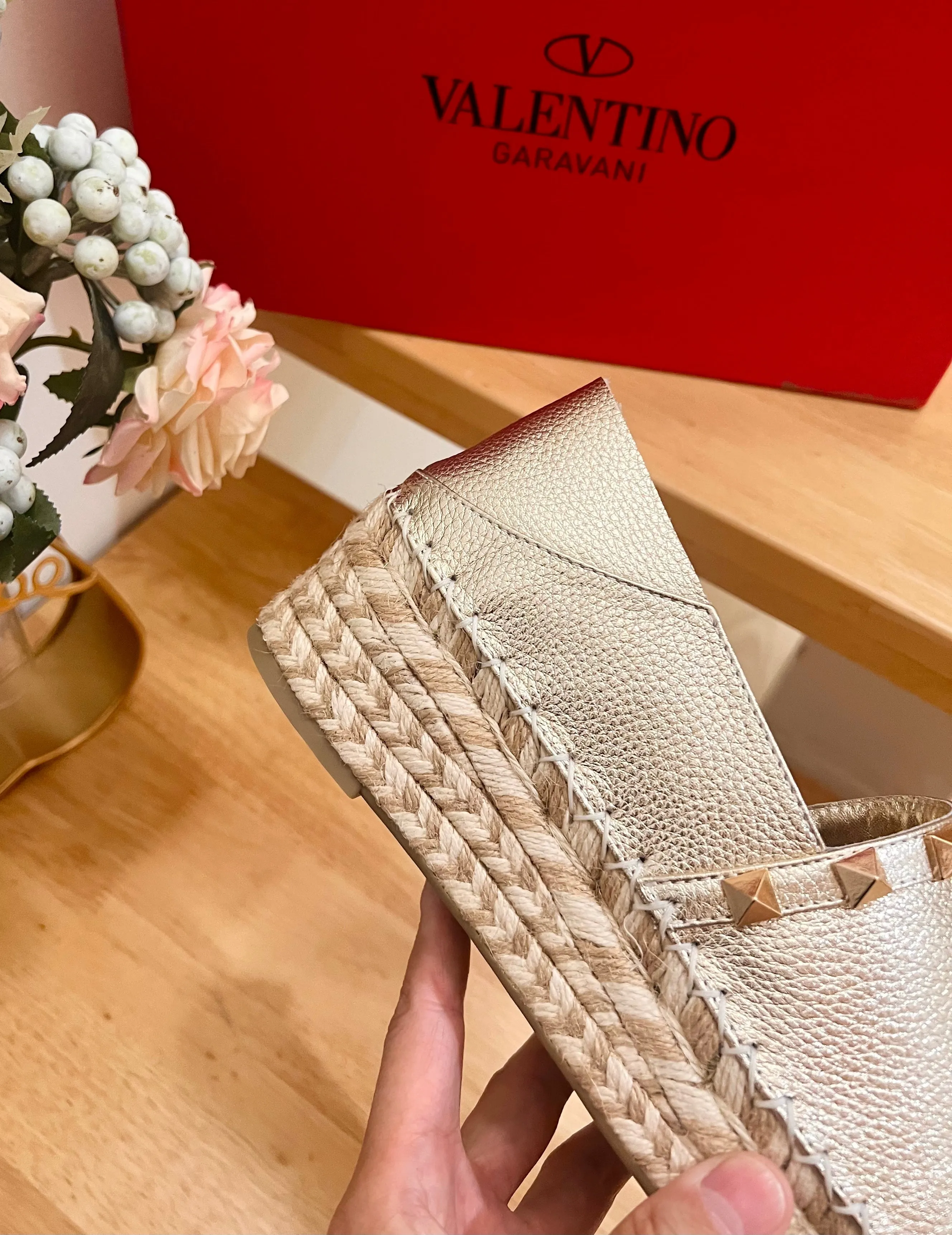 Valentino Rockstud Embellished Slip On Espadrille Silver Cowhide 240571