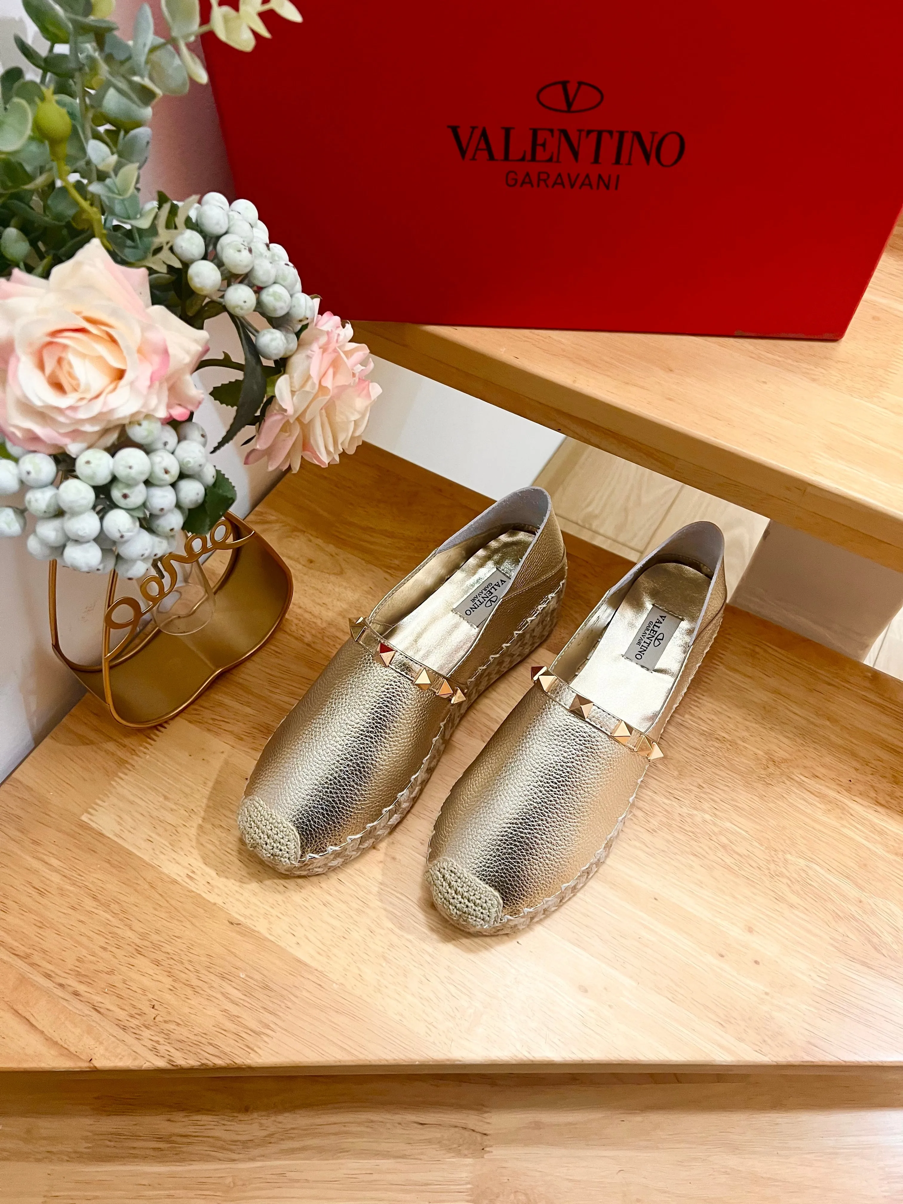 Valentino Rockstud Embellished Slip On Espadrille Silver Cowhide 240571