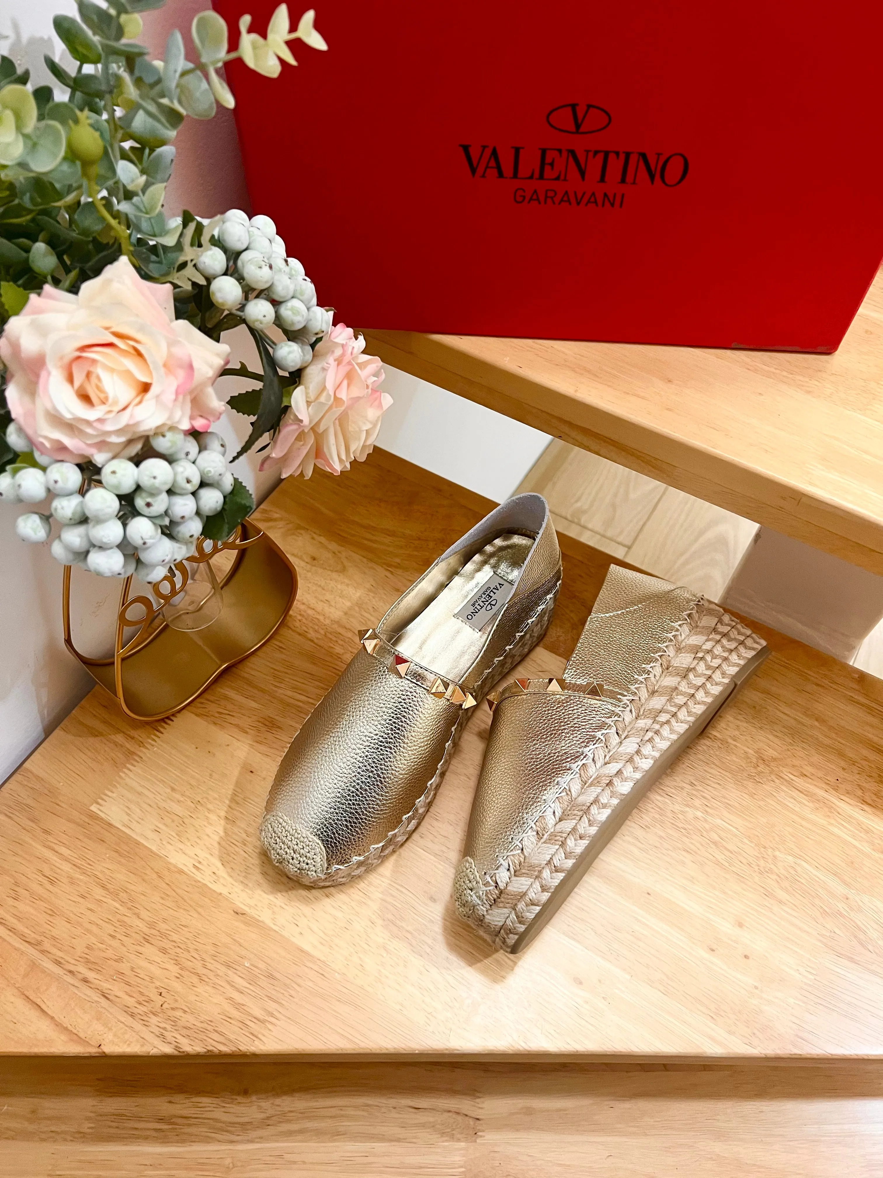 Valentino Rockstud Embellished Slip On Espadrille Silver Cowhide 240571