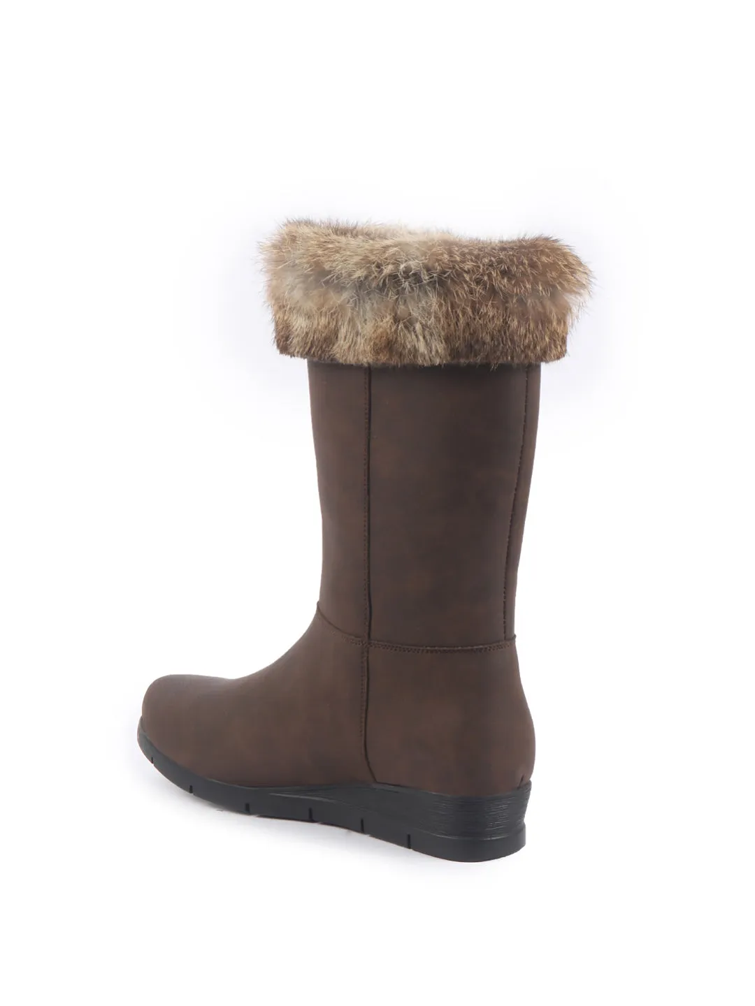 Women Brown High Ankle Side Zipper Winter Classic Fur Boots|Memory Cushion Inslole|Platform Wedge Heel Mid Calf Work Boot