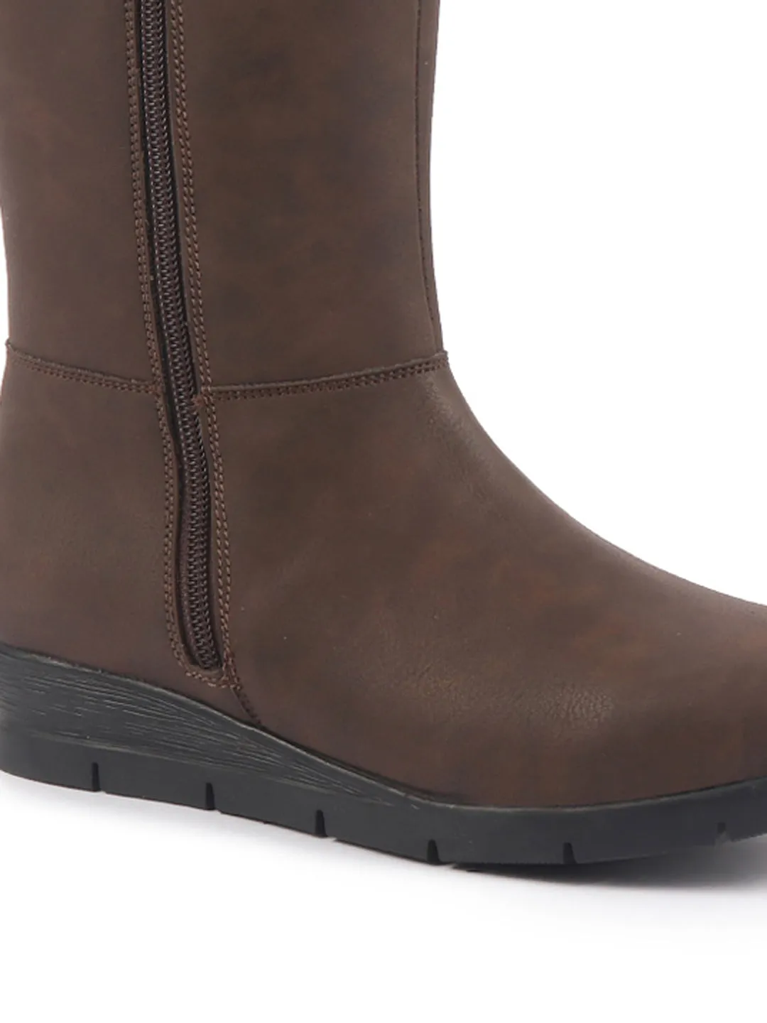 Women Brown High Ankle Side Zipper Winter Classic Fur Boots|Memory Cushion Inslole|Platform Wedge Heel Mid Calf Work Boot