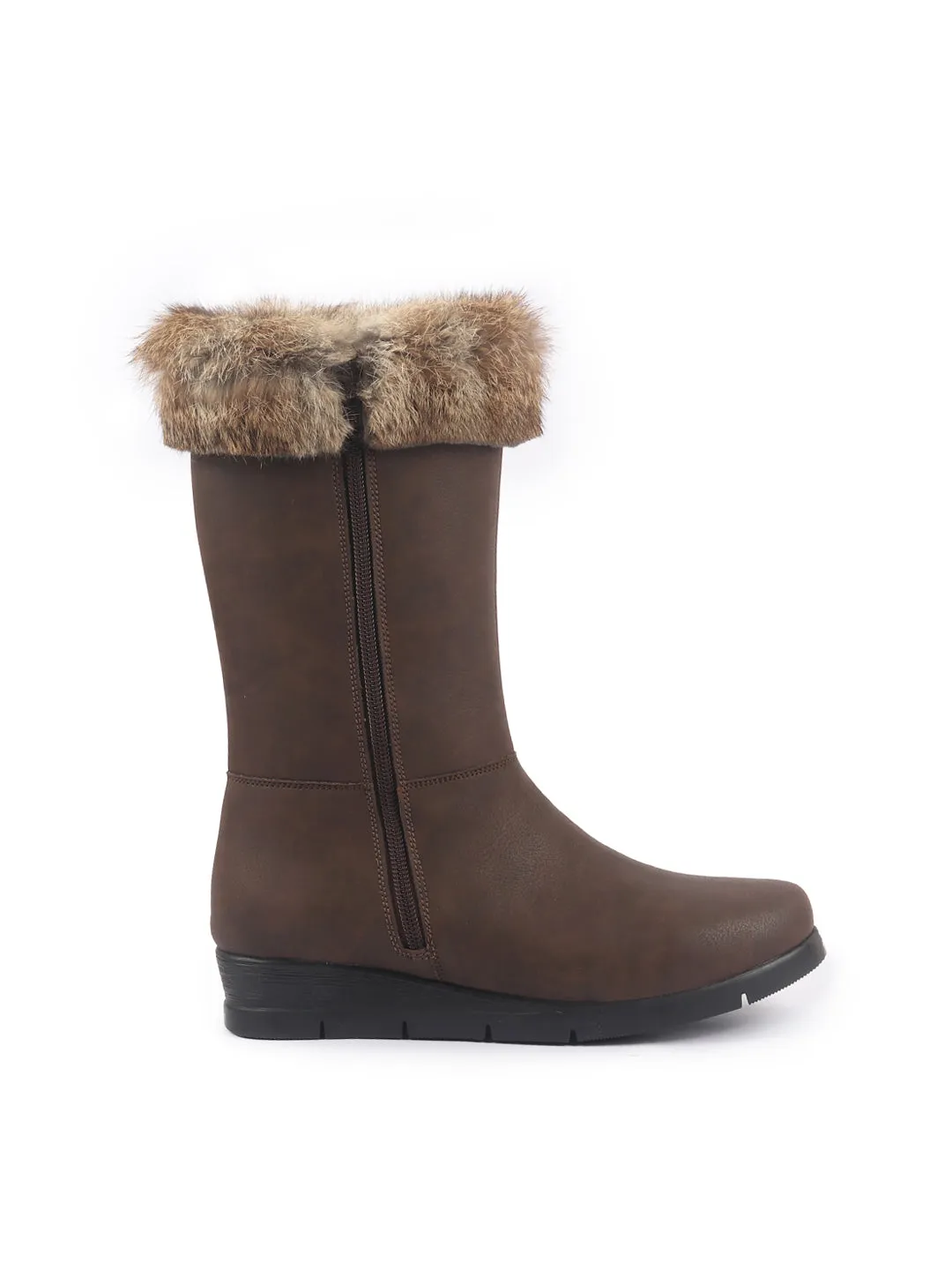 Women Brown High Ankle Side Zipper Winter Classic Fur Boots|Memory Cushion Inslole|Platform Wedge Heel Mid Calf Work Boot