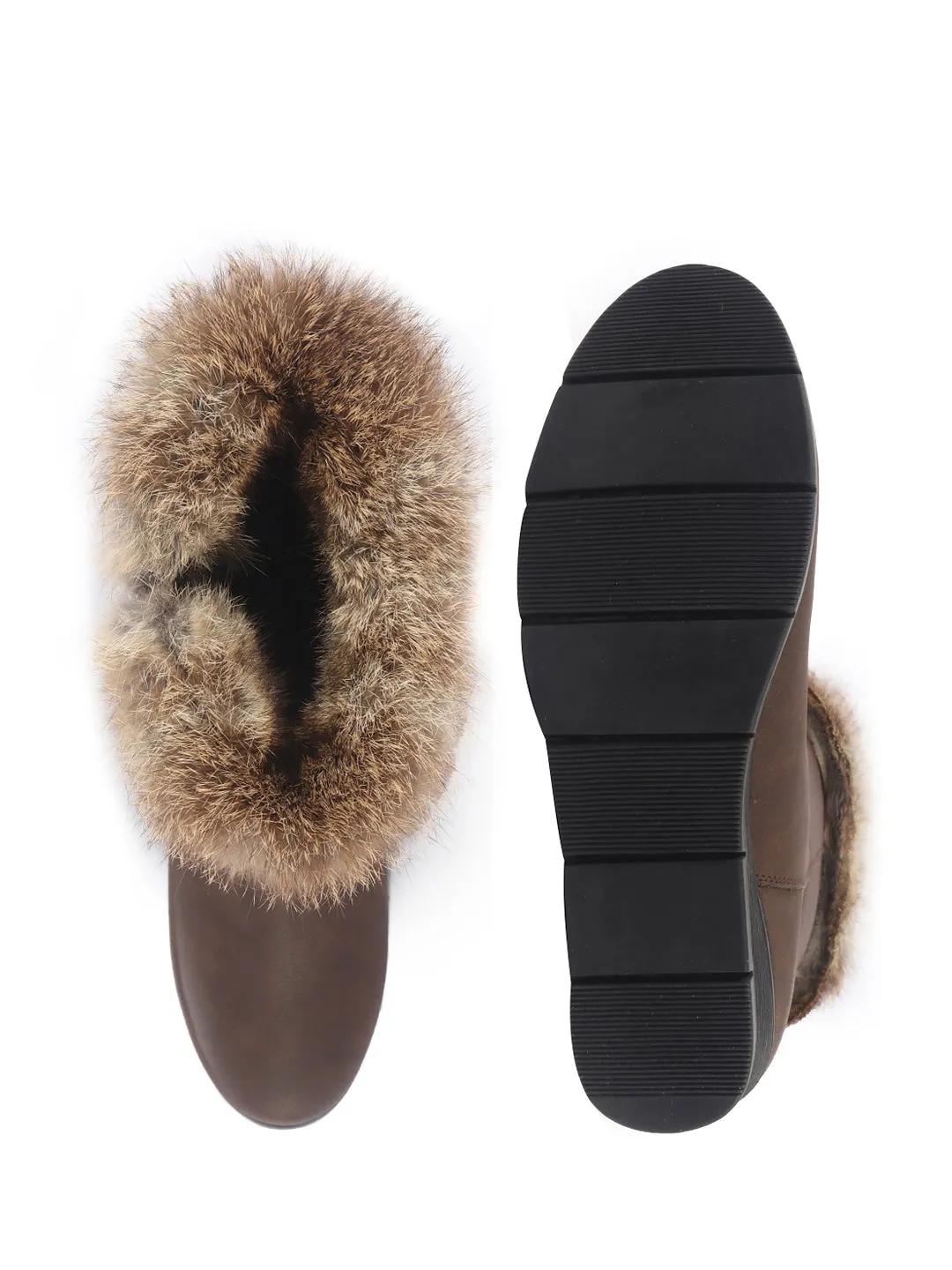 Women Brown High Ankle Side Zipper Winter Classic Fur Boots|Memory Cushion Inslole|Platform Wedge Heel Mid Calf Work Boot