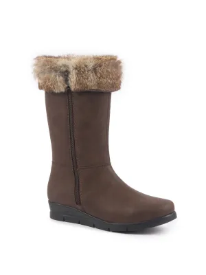 Women Brown High Ankle Side Zipper Winter Classic Fur Boots|Memory Cushion Inslole|Platform Wedge Heel Mid Calf Work Boot