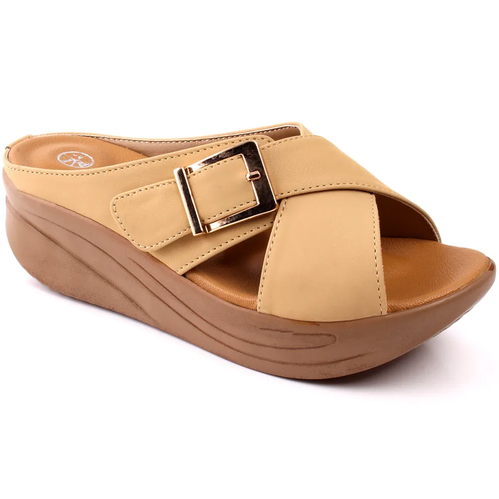 Women “KARLA” Cross Strap Buckle Design Wedge Slippers