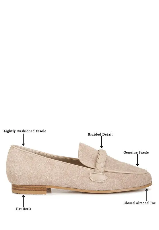 Women's Brown Suede Leather Braided Detail Loafers