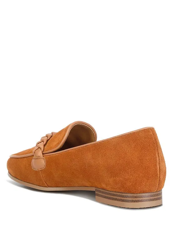 Women's Brown Suede Leather Braided Detail Loafers