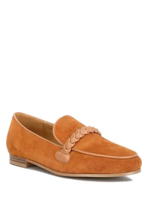 Women's Brown Suede Leather Braided Detail Loafers