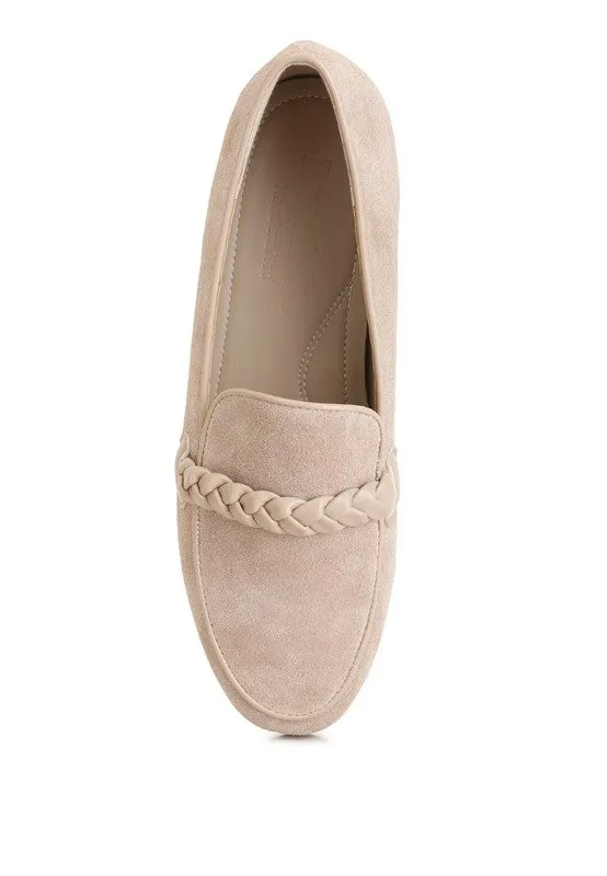 Women's Brown Suede Leather Braided Detail Loafers