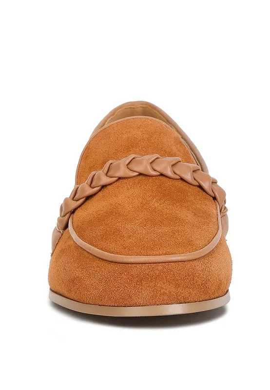 Women's Brown Suede Leather Braided Detail Loafers