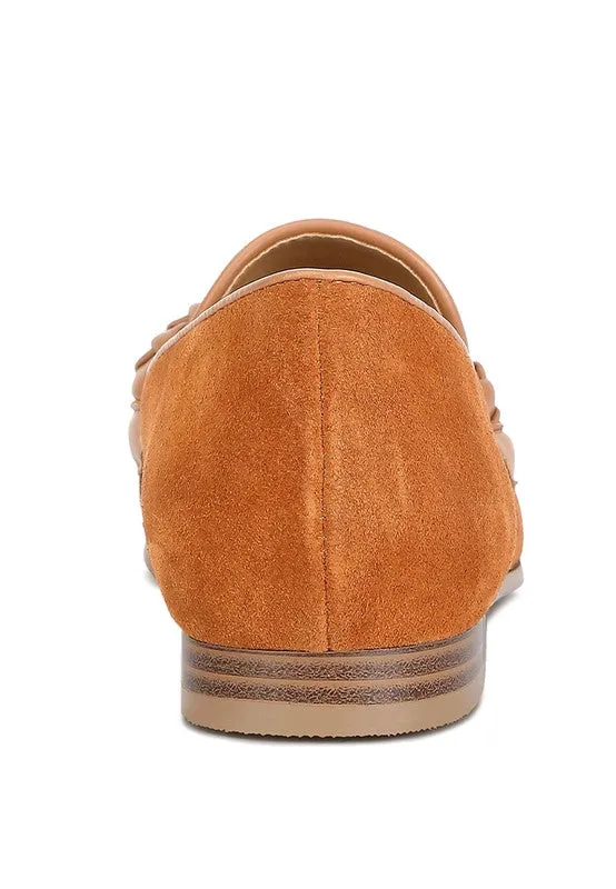 Women's Brown Suede Leather Braided Detail Loafers
