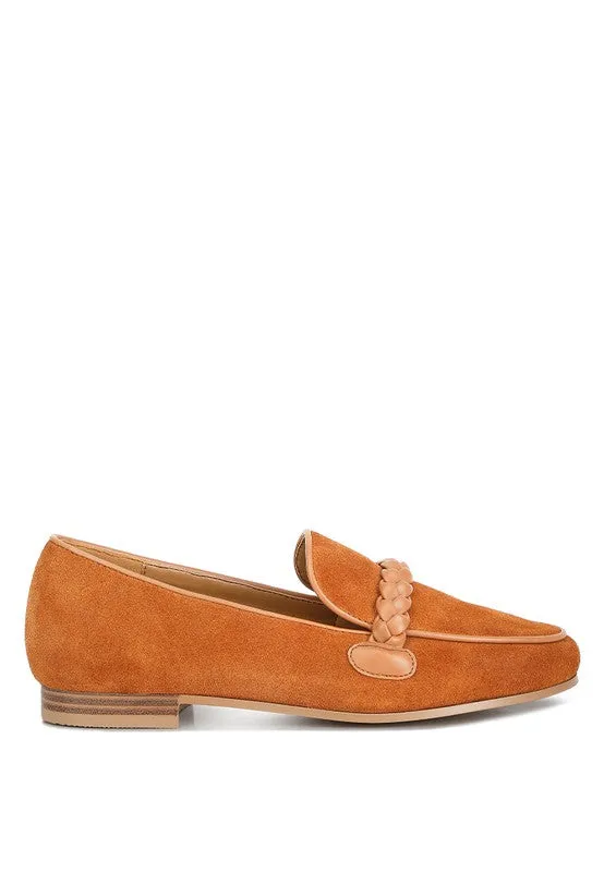 Women's Brown Suede Leather Braided Detail Loafers