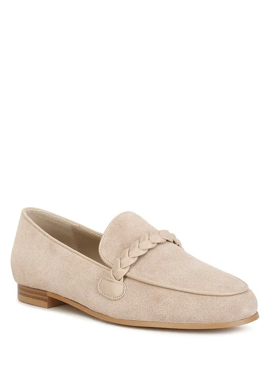 Women's Brown Suede Leather Braided Detail Loafers