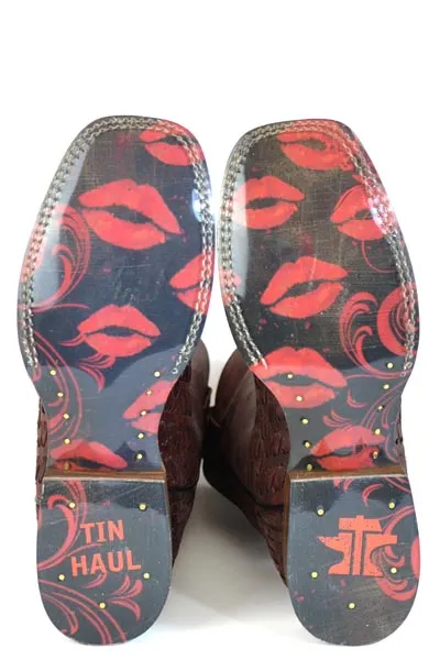 Women's Tin Haul Roses Are Red Boots With Kiss Me Sole Handcrafted Red